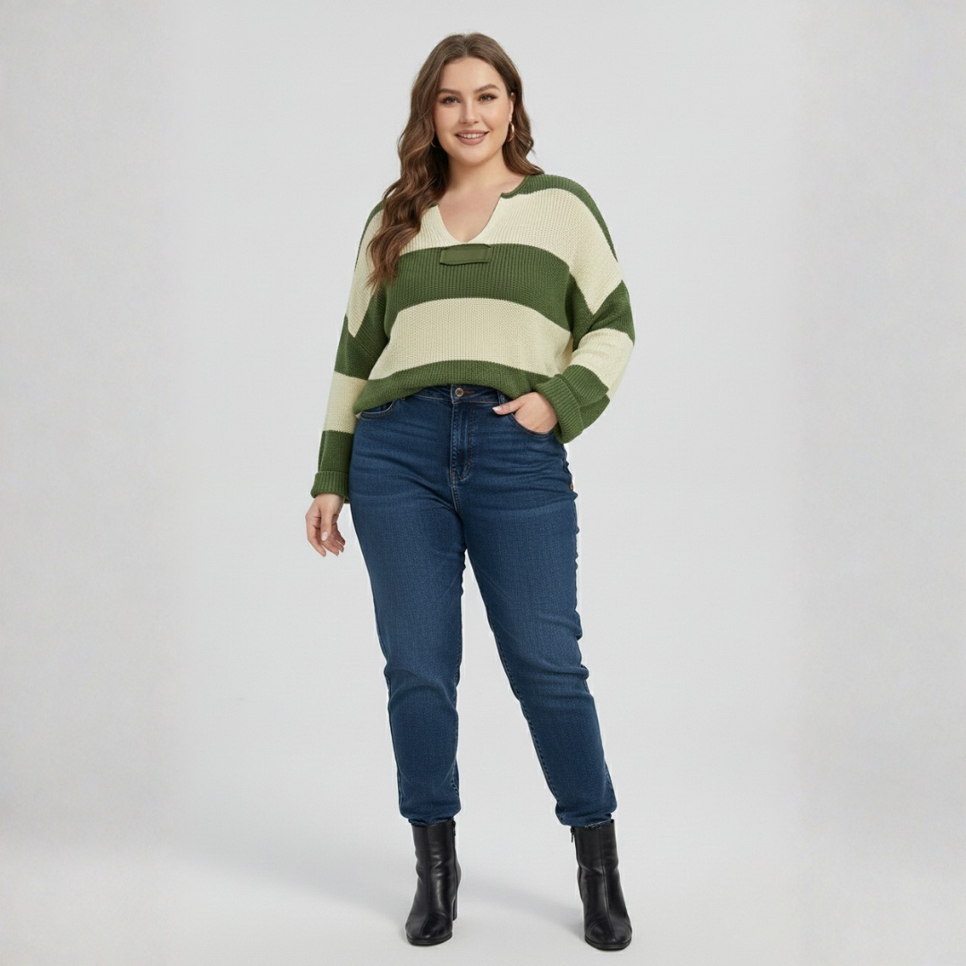 Plus Size Knit Sweater for Women – Striped V Neck