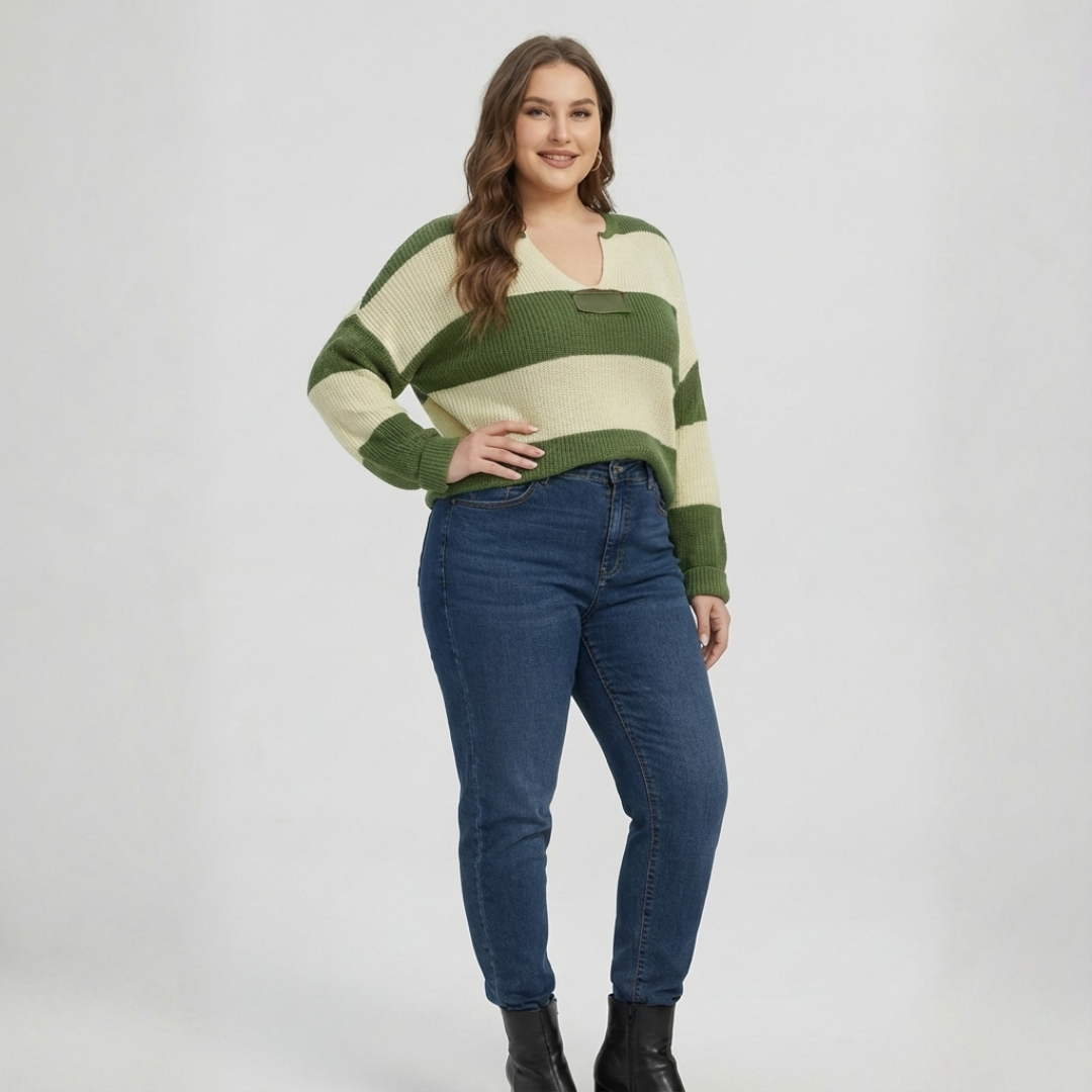 Plus Size Knit Sweater for Women – Striped V Neck