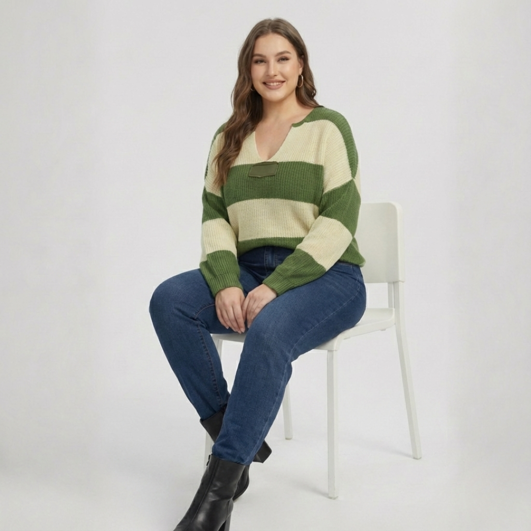 Plus Size Knit Sweater for Women – Striped V Neck