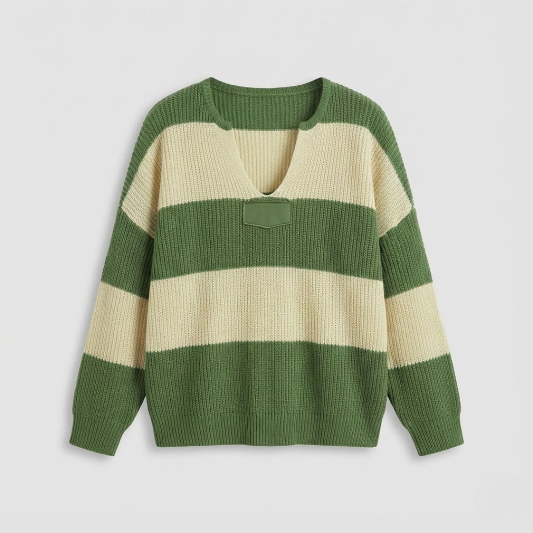 Plus Size Knit Sweater for Women – Striped V Neck