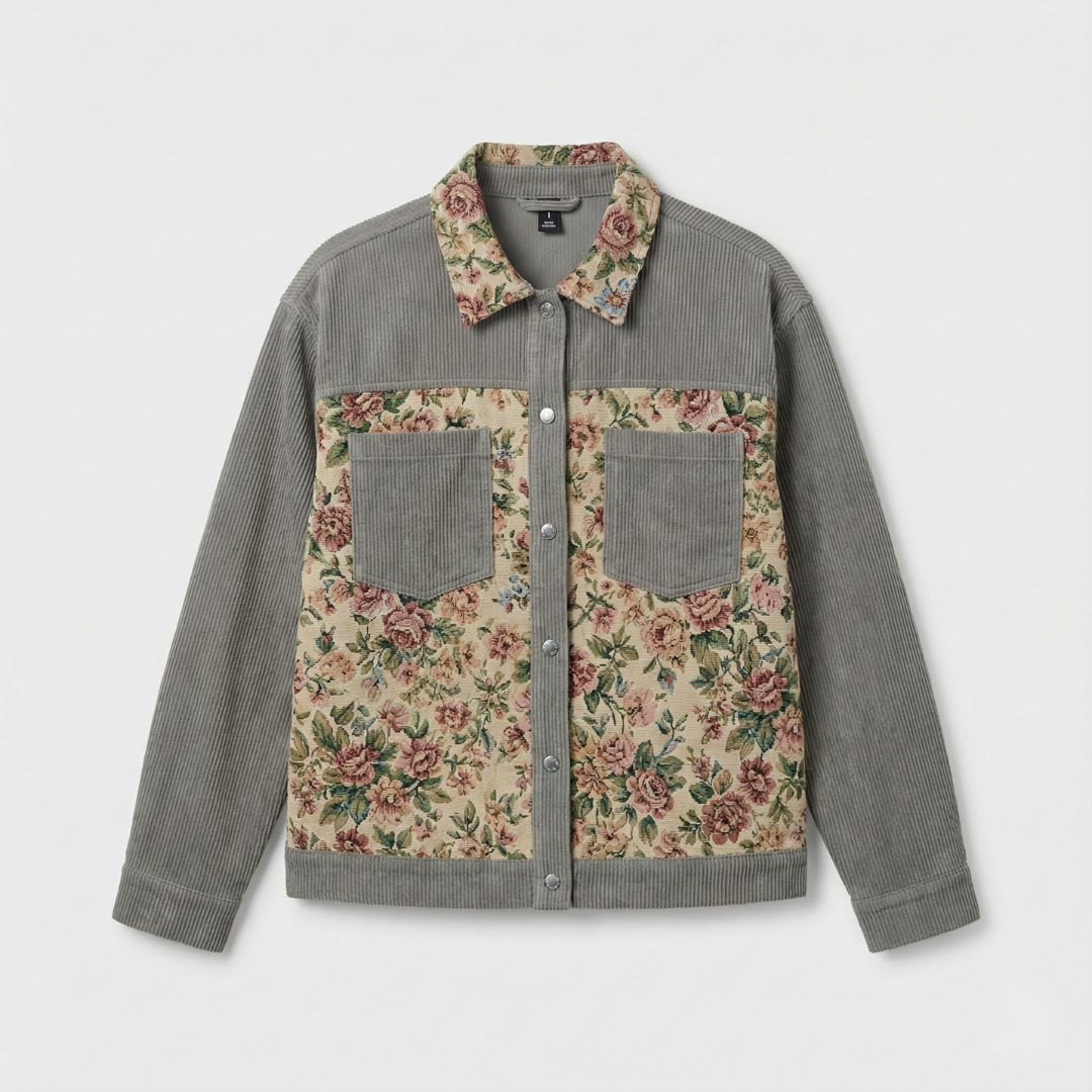 Plus Size Corduroy Jacket for Women – Floral Patchwork