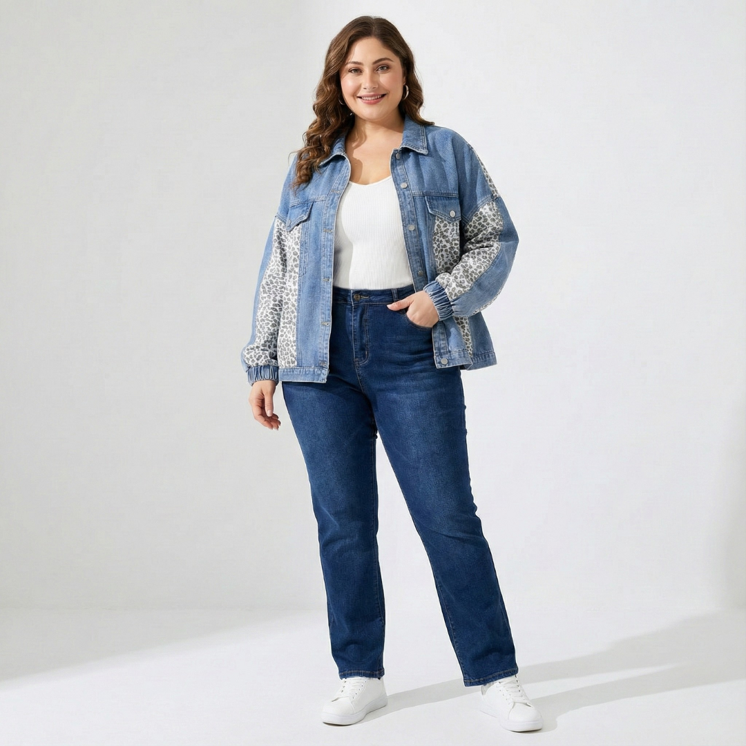 Plus Size Denim Jacket for Women – Leopard Patchwork