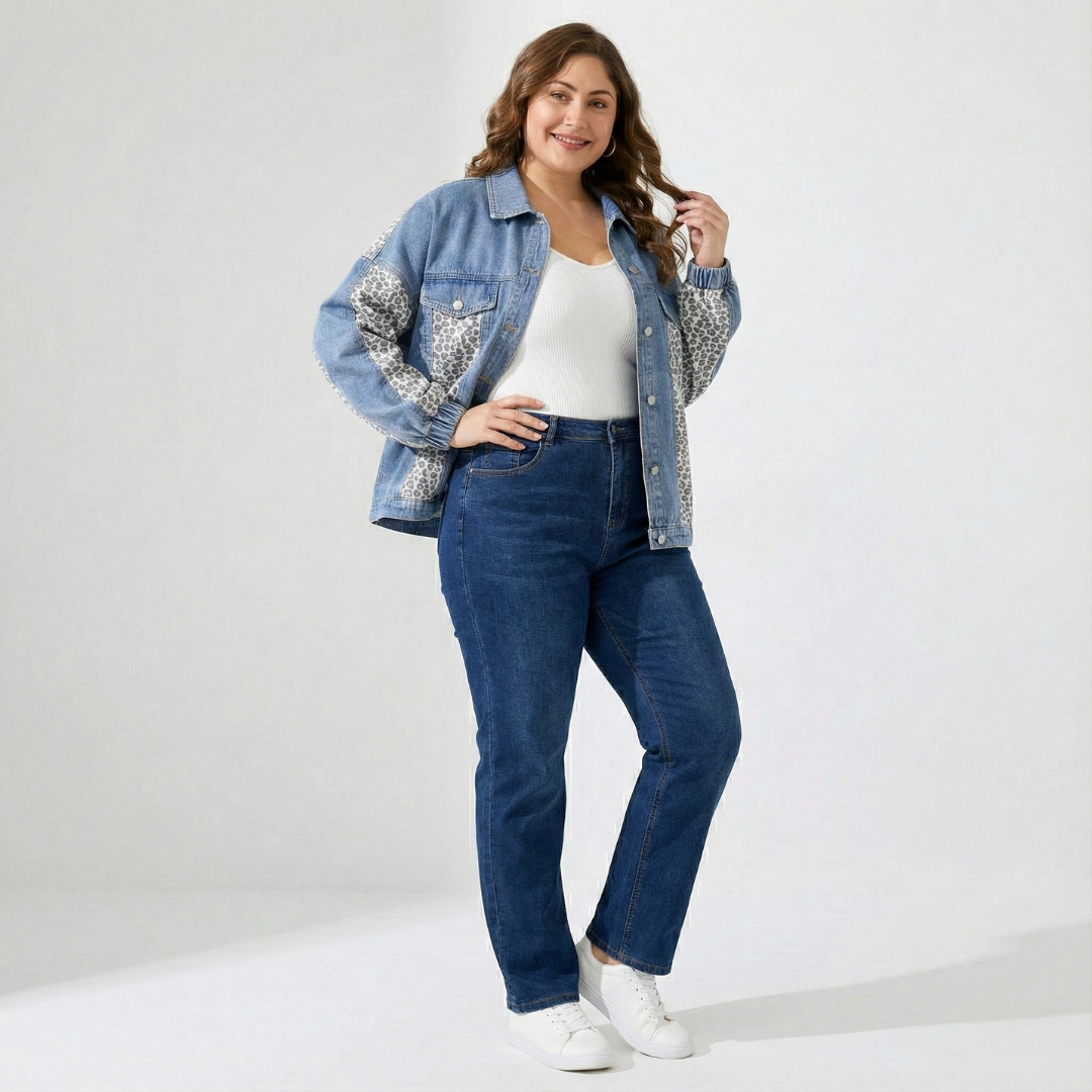 Plus Size Denim Jacket for Women – Leopard Patchwork