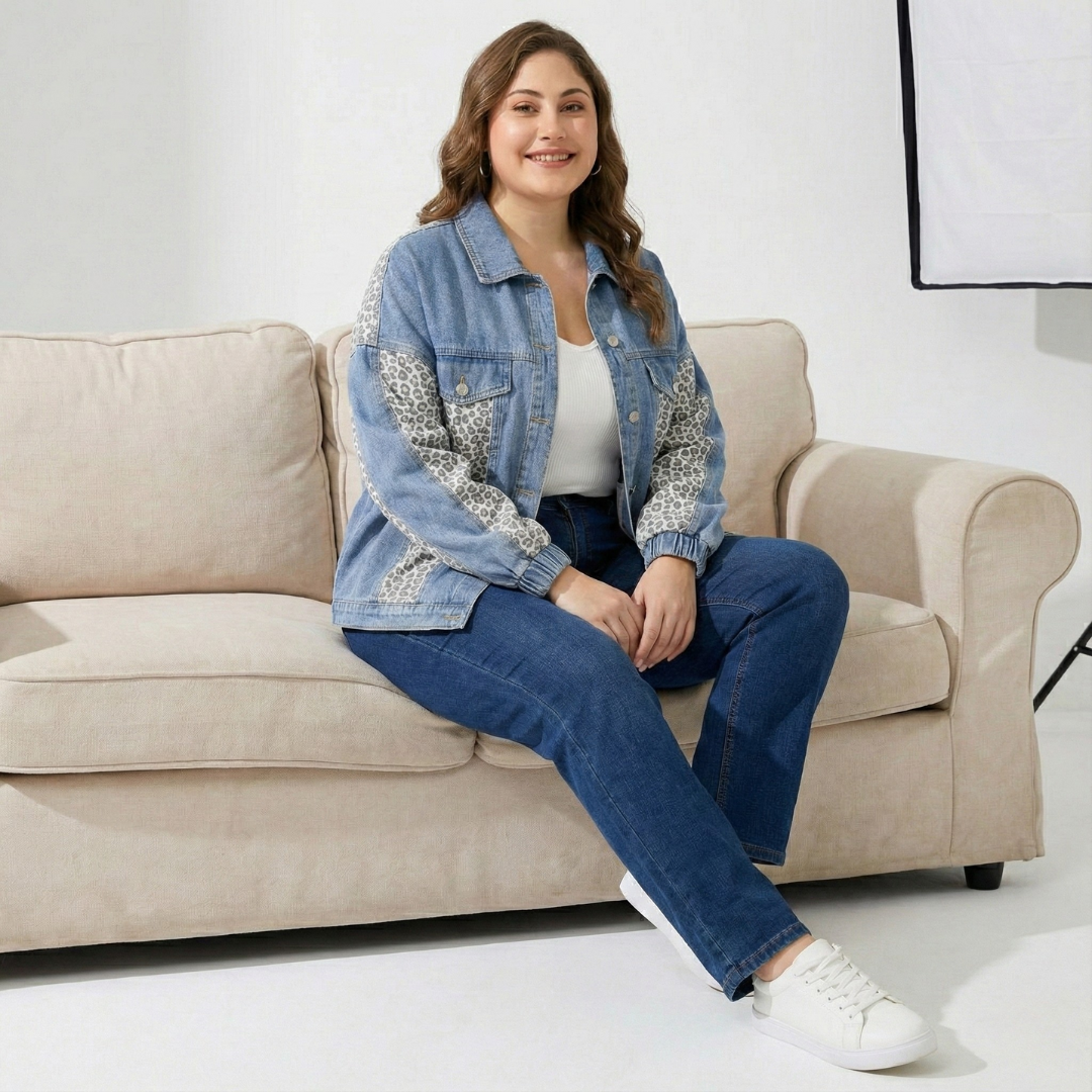 Plus Size Denim Jacket for Women – Leopard Patchwork