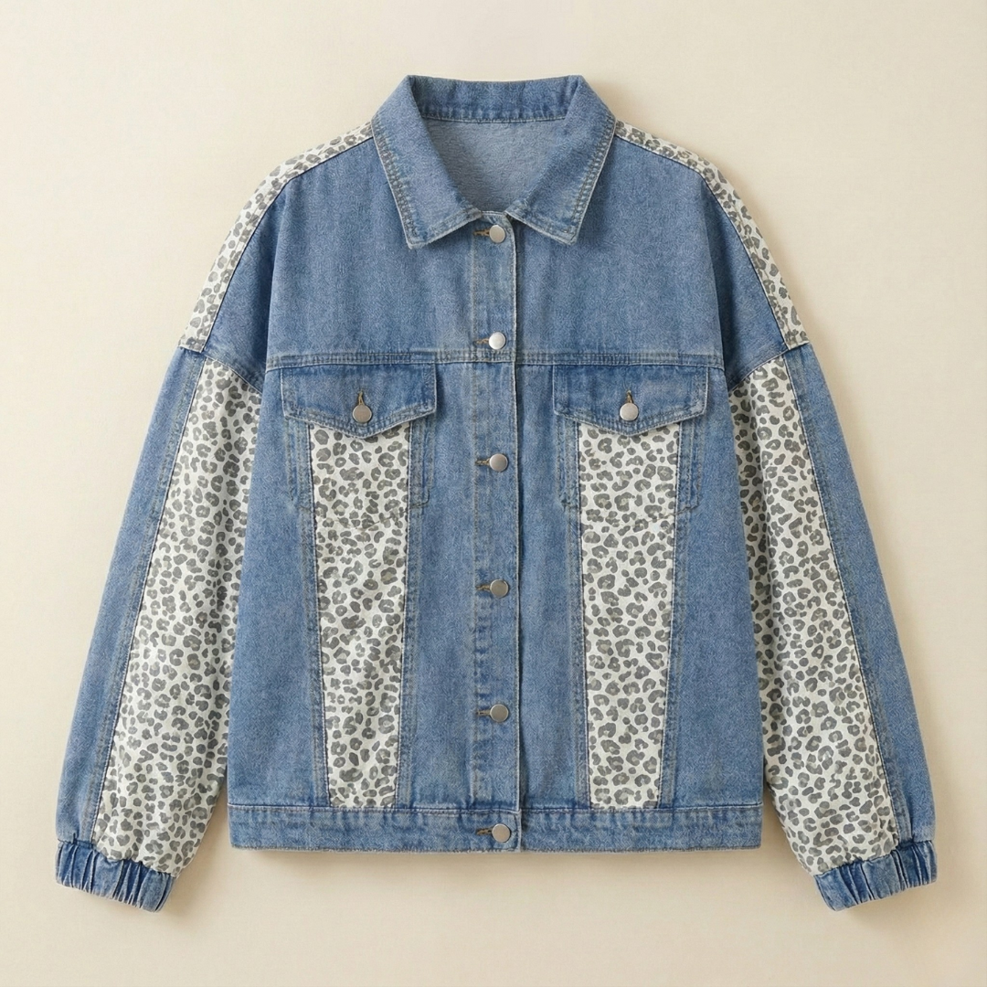 Plus Size Denim Jacket for Women – Leopard Patchwork